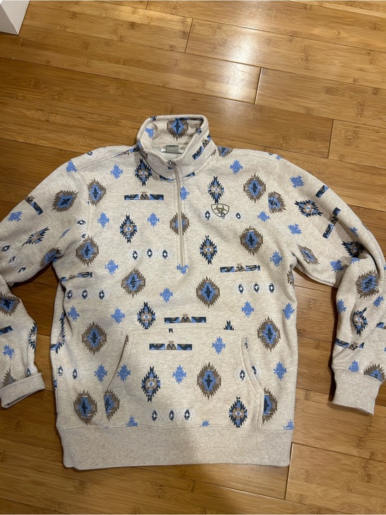 Ariat Tops - Ariat Cream Quarter-Zip Sweater with Blue and Brown Aztec Print